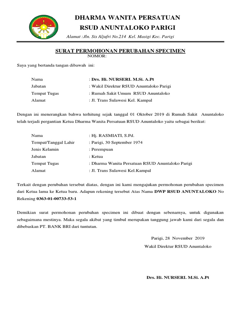 Surat Permohonan Perubahan Specimen Bank PDF