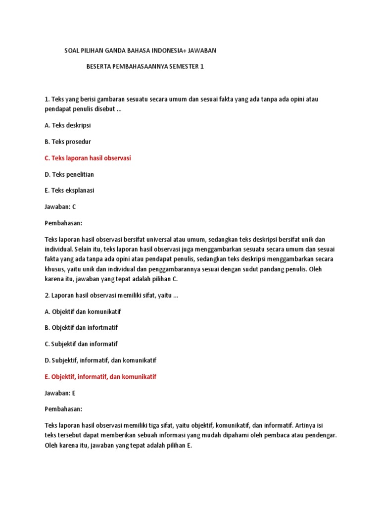 Contoh Soal Pilgan Bhs Indonesia