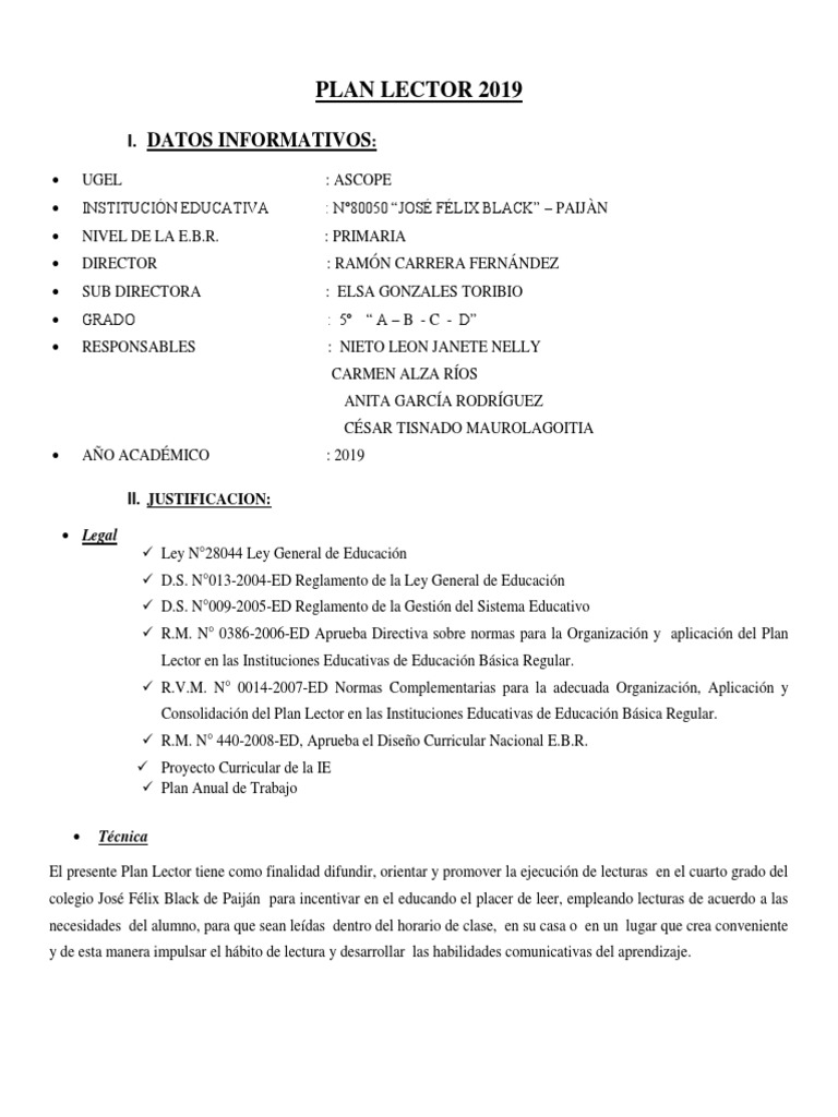 Plan Lector 2019 para Quinto Grado | PDF | Educación primaria ...