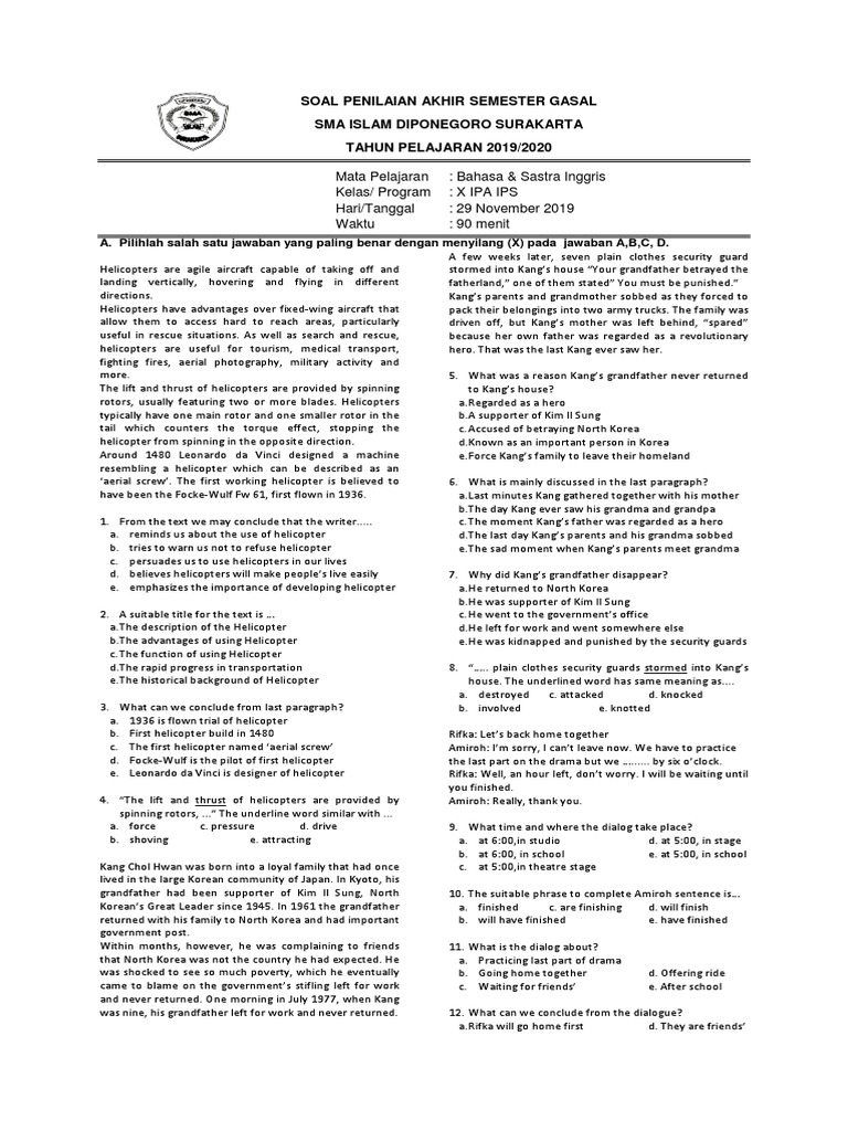 soal bahasa inggris lintas minat kelas X Helicopter