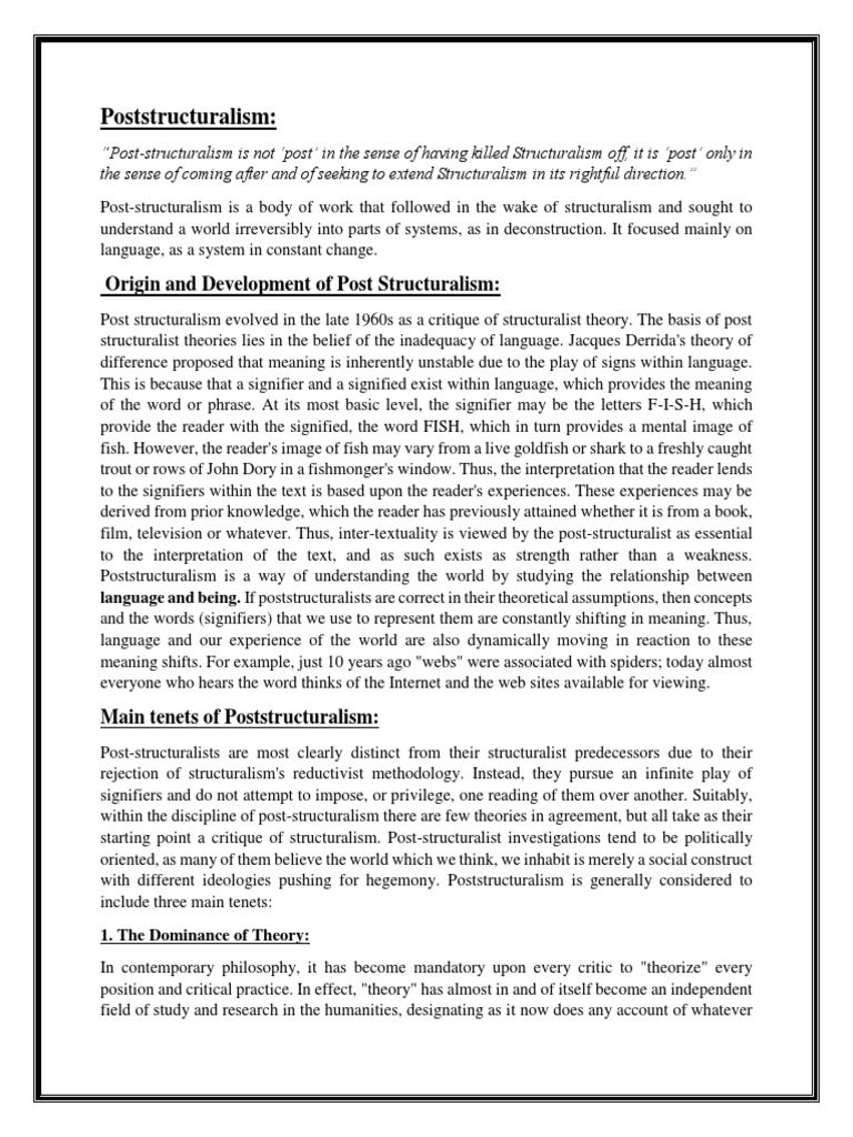 PostStructuralism Theory PDF Jacques Derrida Deconstruction