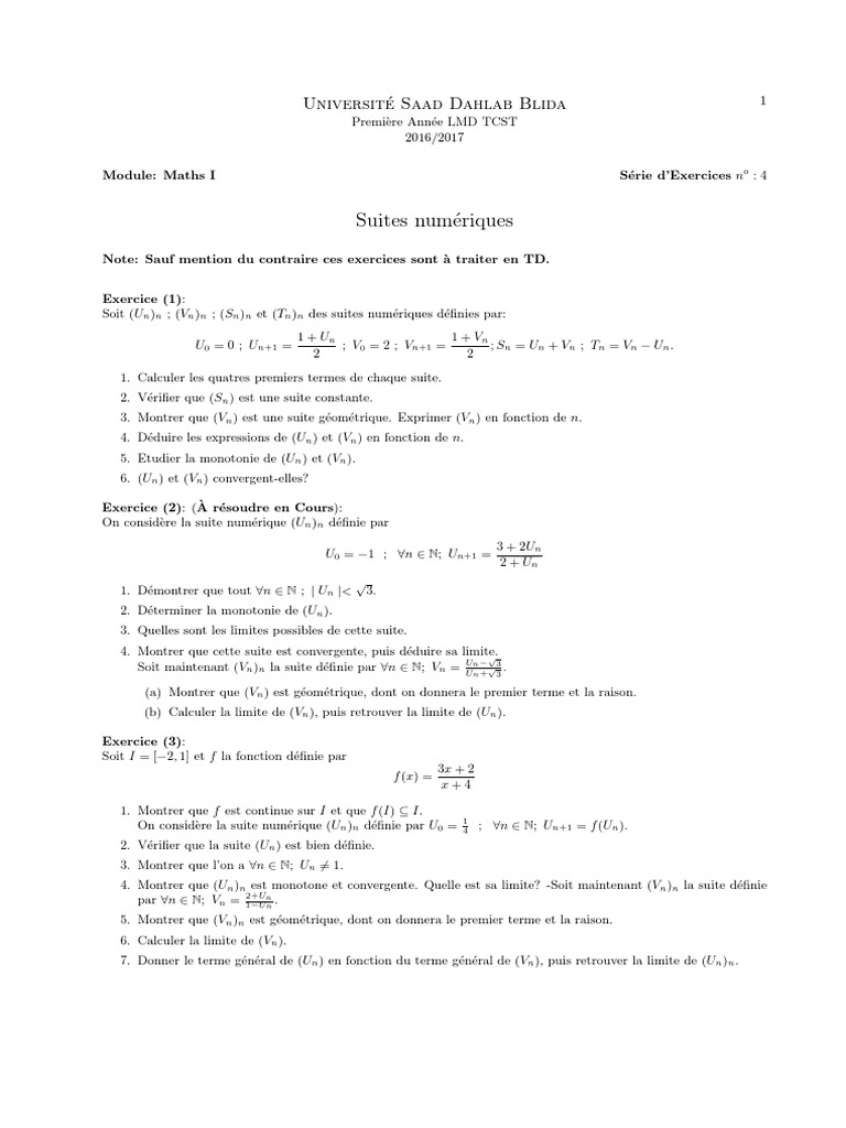 Exercices Corrigés Suites Arithmétiques Géométriques Pdf Bac Pro Suites Numeriques Exercices Corriges PDF | PDF | Séquence | Structures  mathématiques