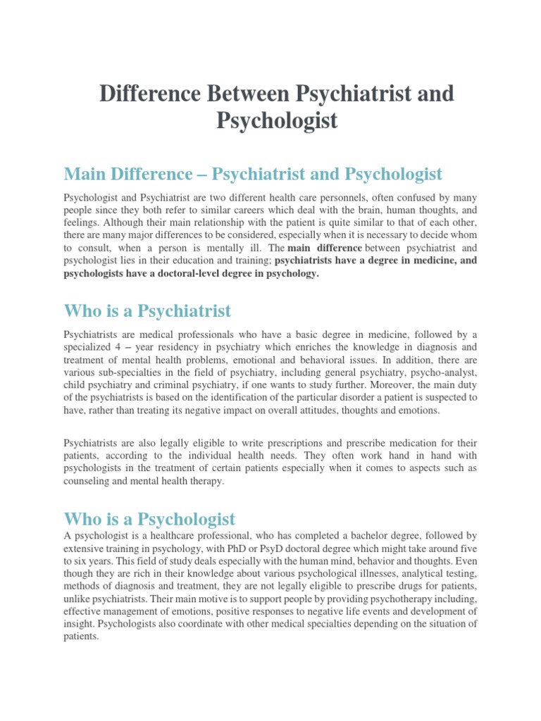 Difference Between Psychiatrist and Psychologist Download Free PDF