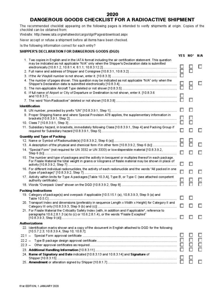 DGR 61st Edition Checklist For A Radioactive Shipment 11 PDF