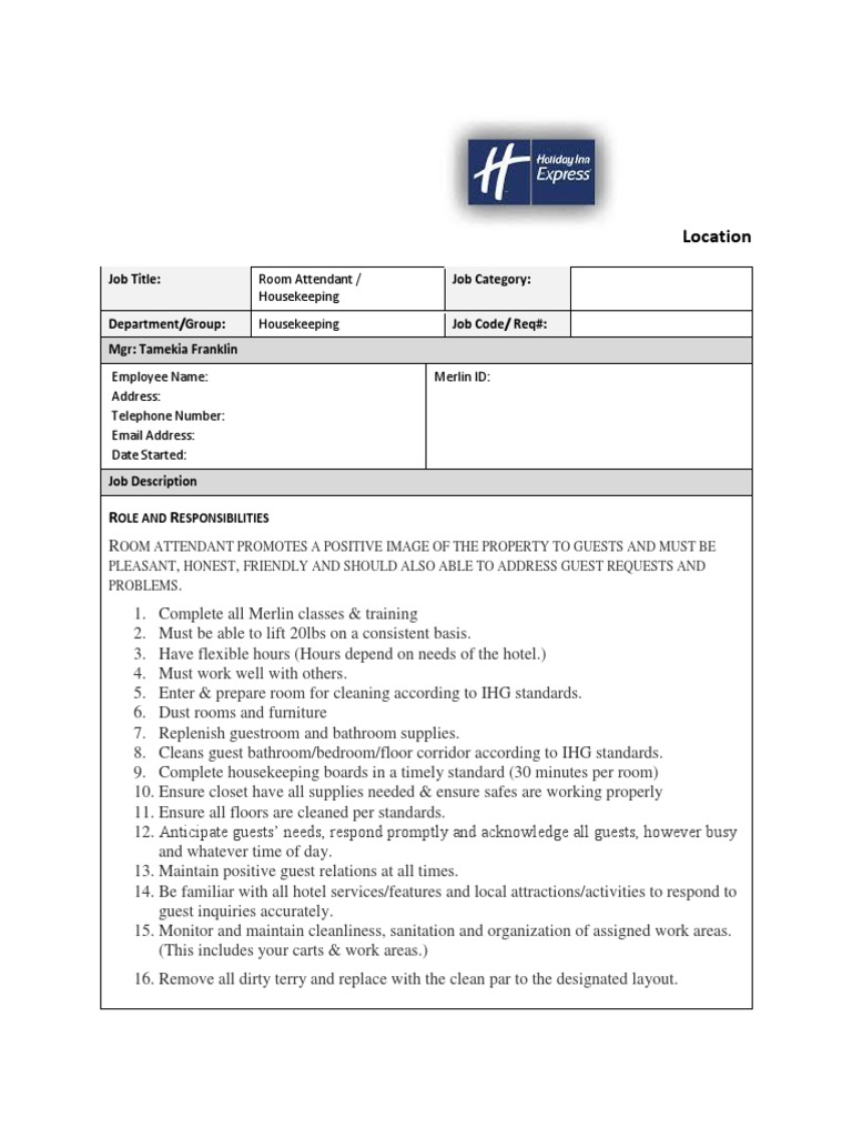 Job Description - Room Attendant | PDF | Housekeeping | Bathroom