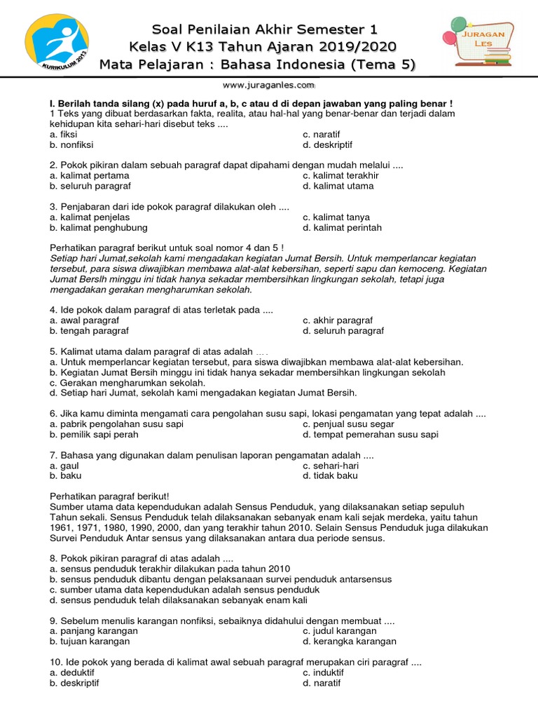 Soal Tematik Kelas 5 Tema 5 Mapel Bahasa Indonesia Pdf