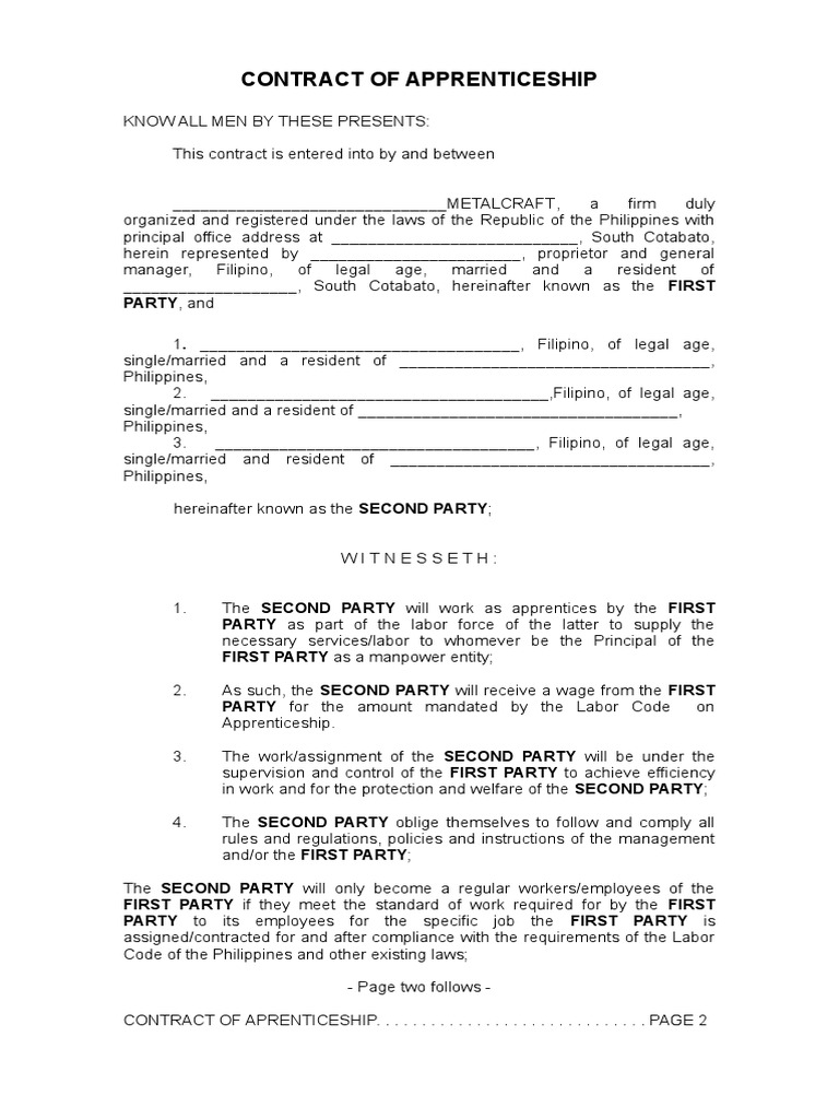 Contract of Apprenticeship | PDF | Apprenticeship | Employment