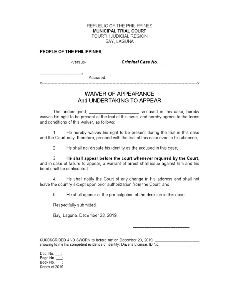 Waiver of Appearance and Undertaking | PDF