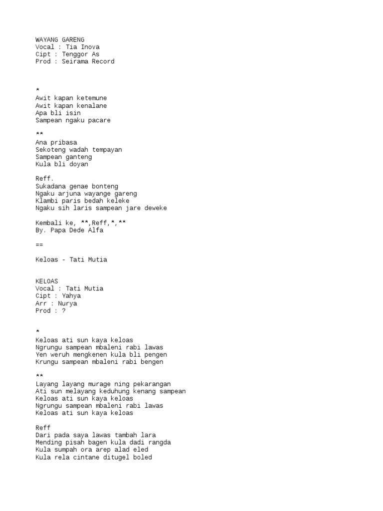 Lirik Lagu Wayang dan Keloas | PDF