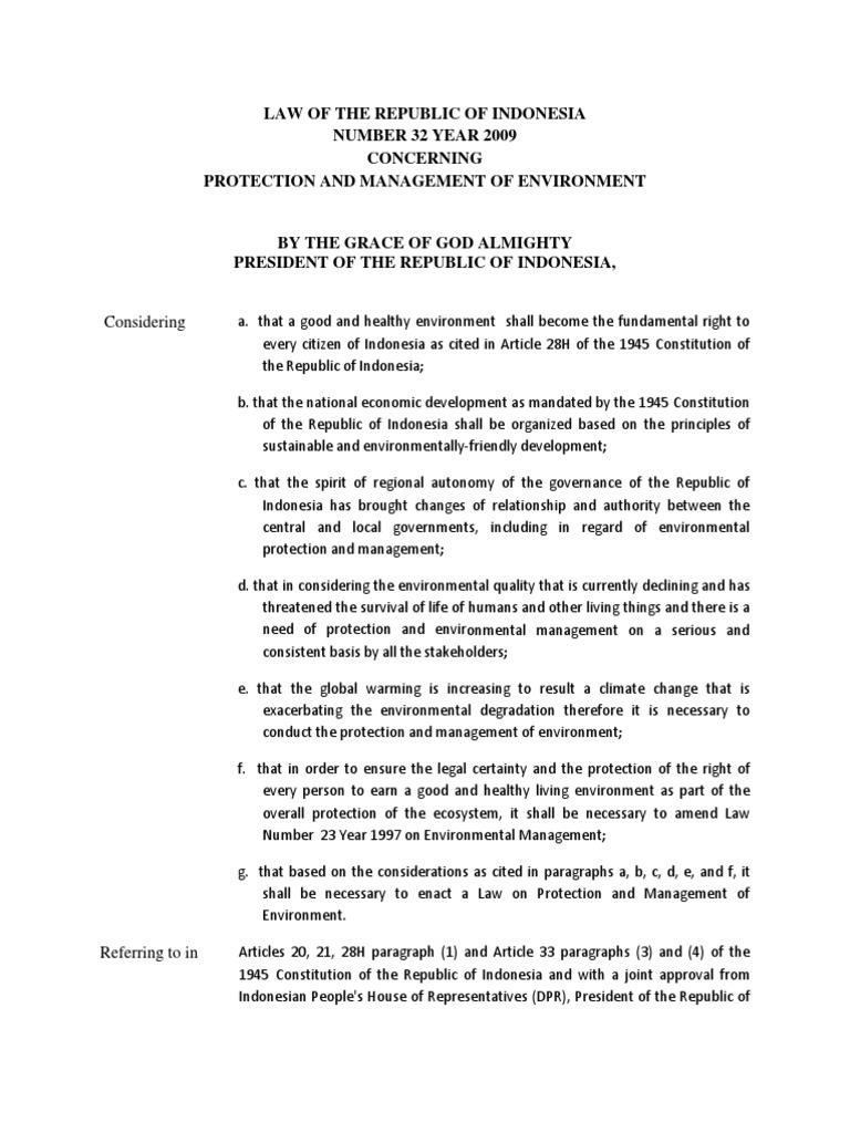 Law No.32 of 2009 On The Management and Protection of The Environment ...
