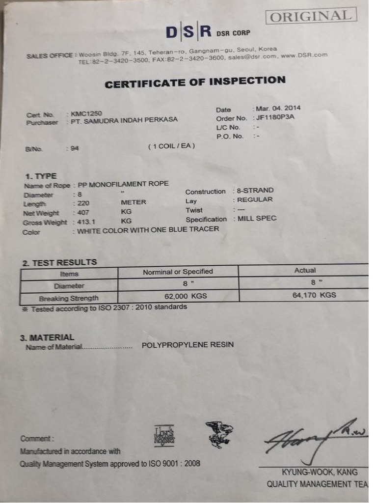 Certificate Mooring Rope | PDF