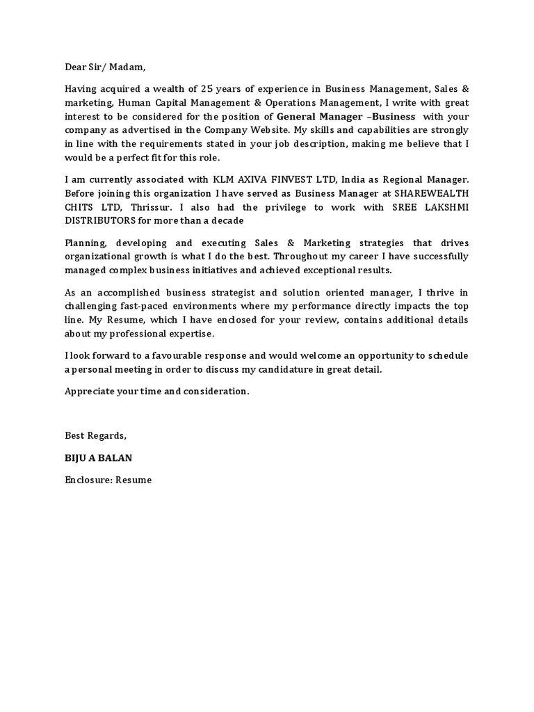 Cover Letter BUSINESS MANAGER