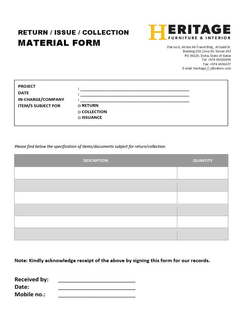 Material Return Issuance Sample PDF