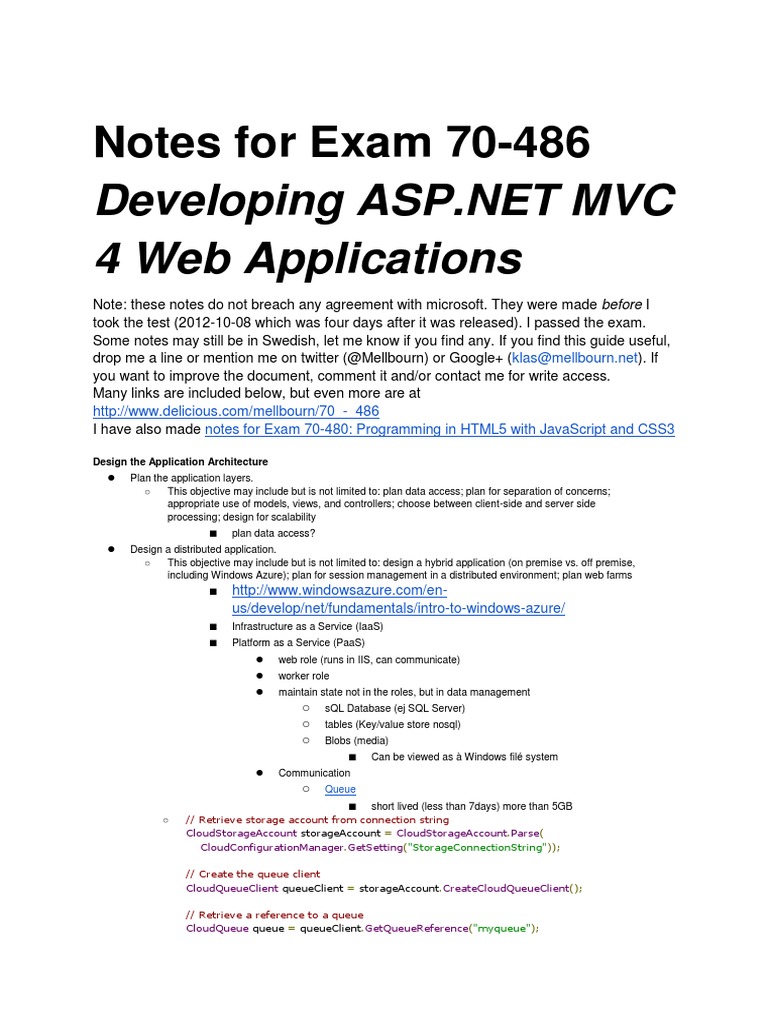 ASP.NET MVC 4 Exam 70-486 Notes | PDF | Http Cookie | World Wide Web