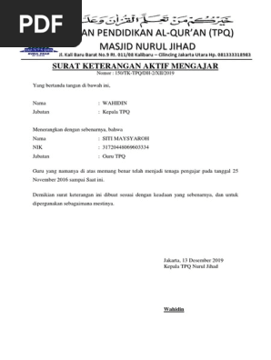 Surat Keterangan Aktif Mengajar Tpq 2019