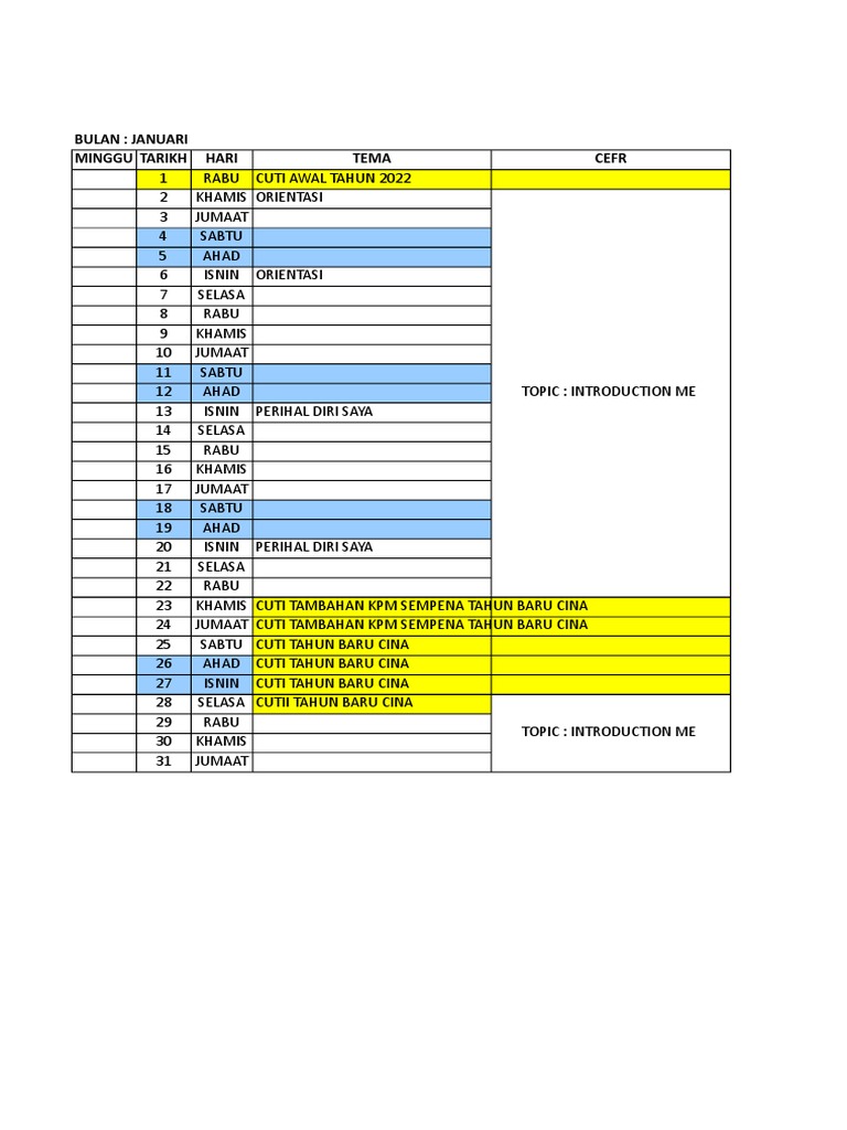 Takwim Tema Prasekolah 2020 Pdf