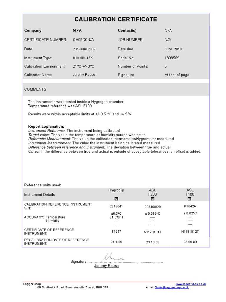 Microlite 16K Calibration Certificate | PDF | Calibration | Thermodynamics