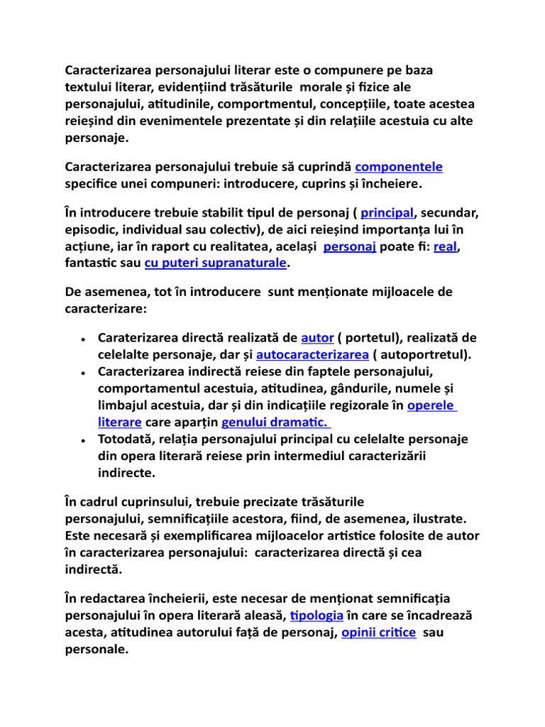 Caracterizarea Personajului | PDF