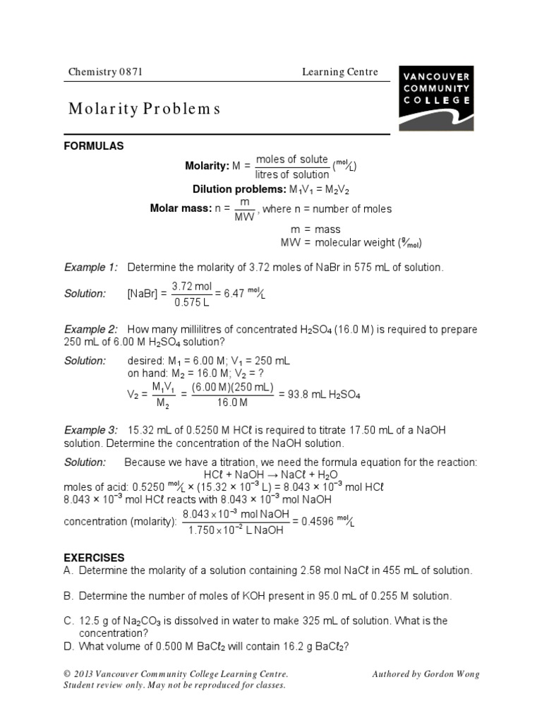Molar It y Problems | PDF | Molar Concentration | Mole (Unit)