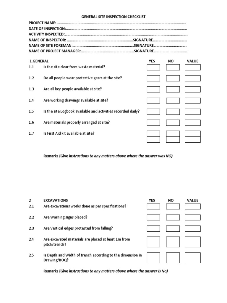 General Site Inspection Checklist | PDF | Construction Aggregate | Concrete