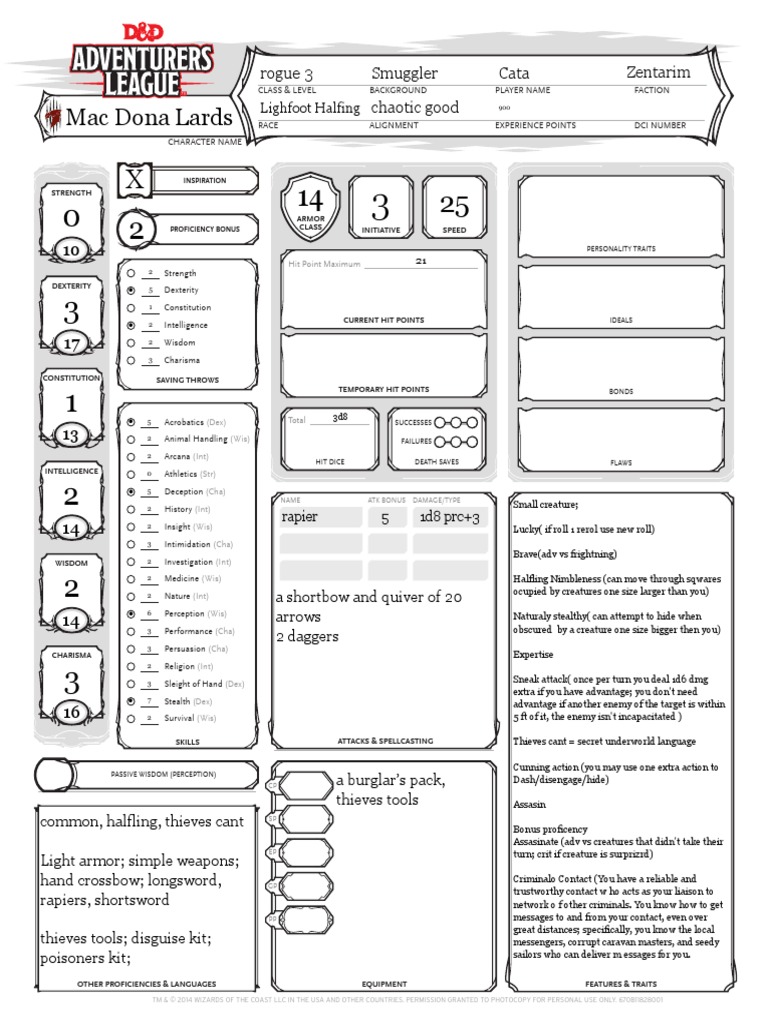 Rogue Character D&D 5th Edition | PDF | Tsr (Company) Games | Gaming