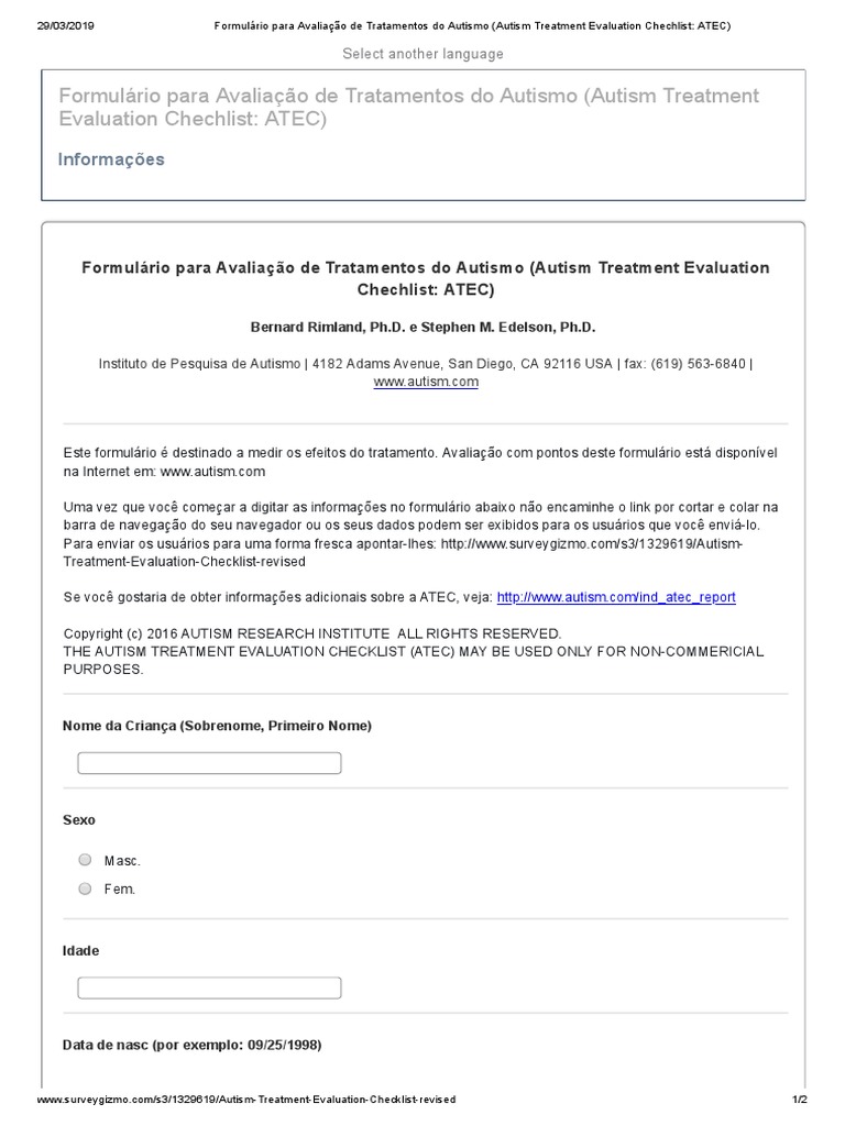 Avaliação de Tratamentos Do Autismo ATEC | PDF | Ciência cognitiva ...