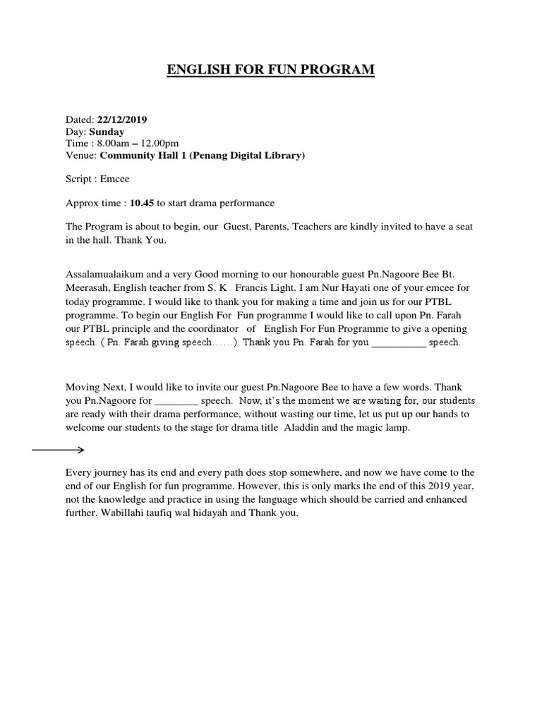 ENGLISH FOR FUN PROGRAM - Emcee Script | PDF