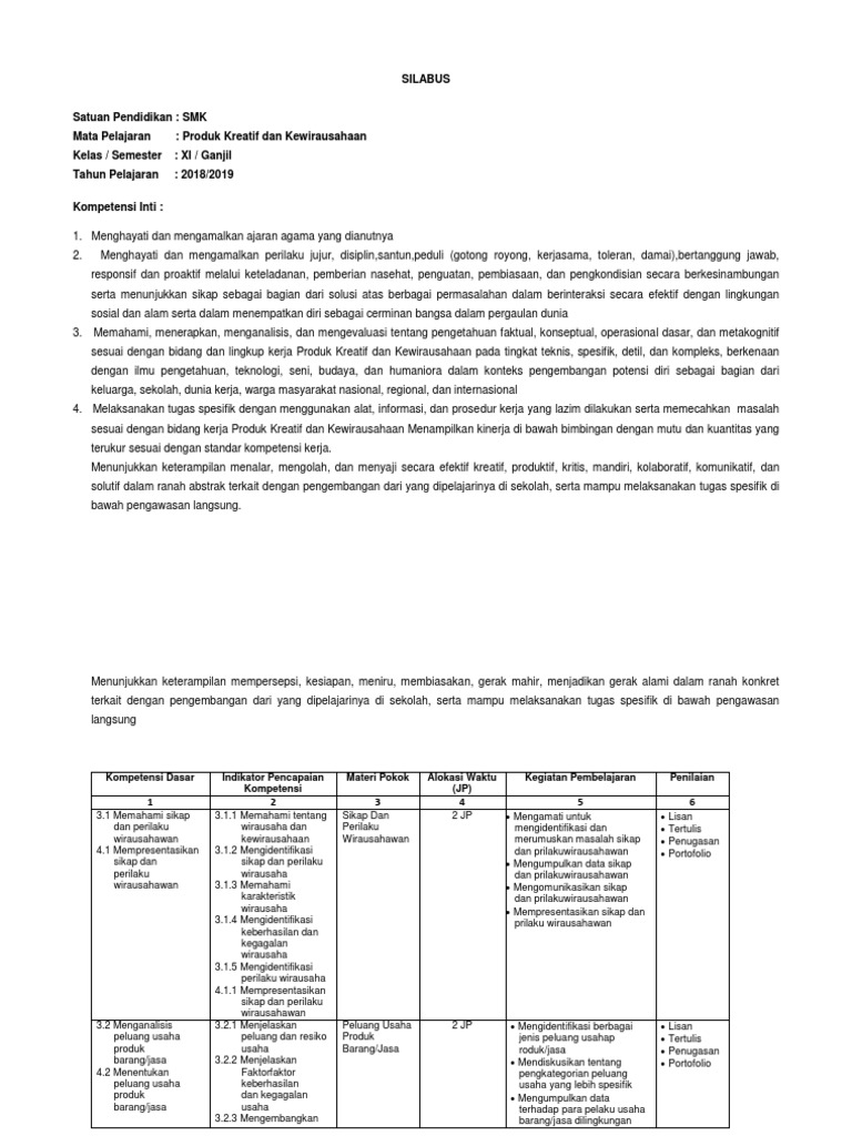 C3 Silabus Produk Kreatif Dan Kewirausahaan Kls Xi Sem 1 2018 2019