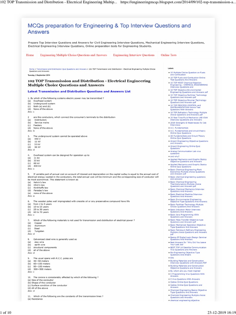 102 TOP Transmission and Distribution Electrical Engineering Multiple