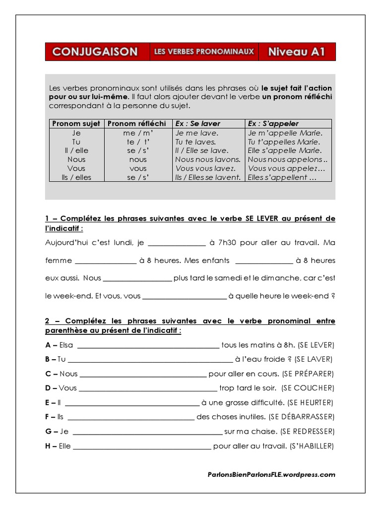 Exercices sur les verbes pronominaux | PDF | Sujet (Grammaire ...