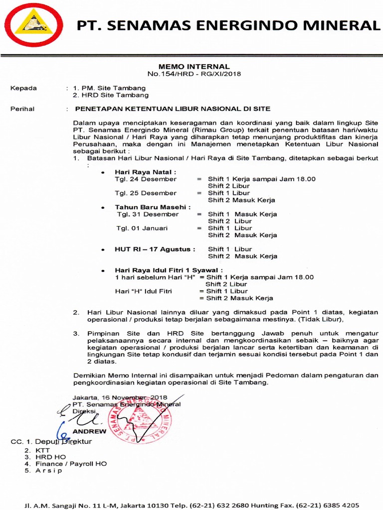11 - 154 - Memo Internal - Penetapan Ketentuan Libur Nasional Di Site ...