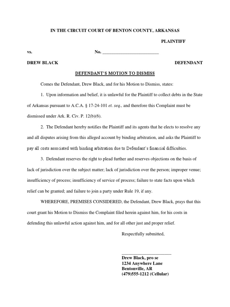 Sample Motion To Dismiss in Arkansas PDF Federal Rules Of Civil