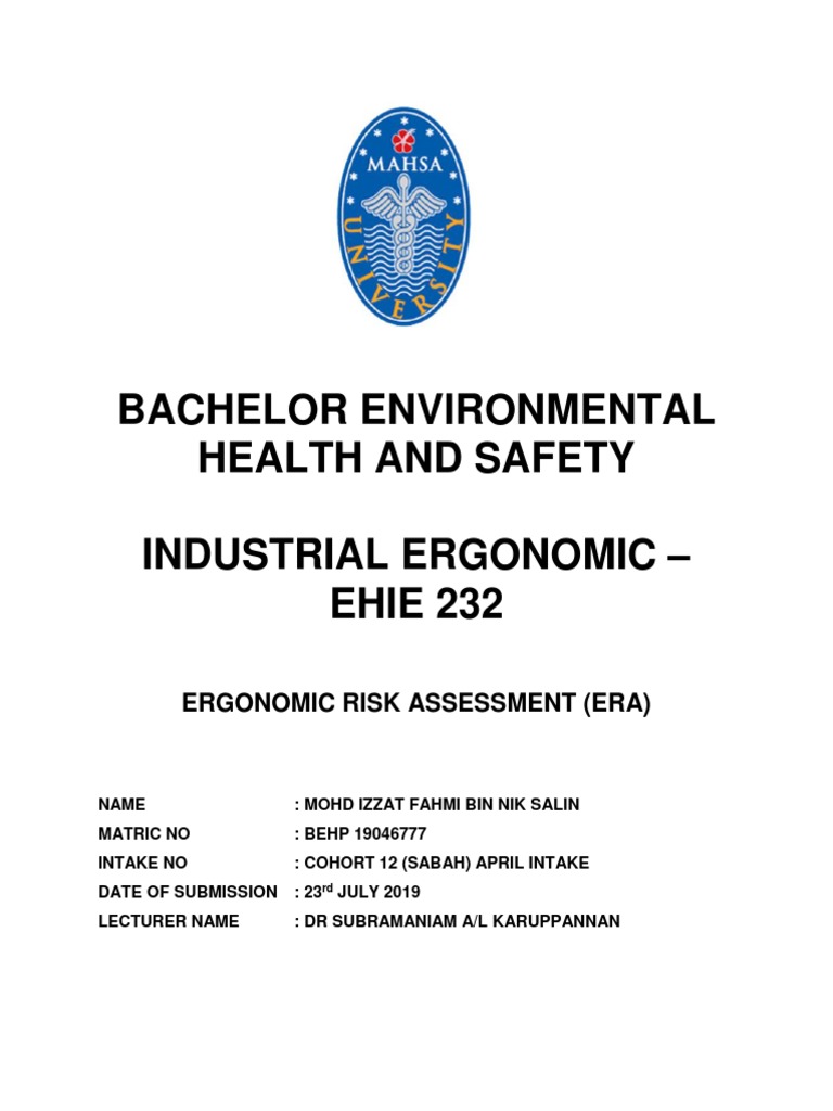 Ergonomic Risk Assessment (ERA) Assignment PDF Human Factors And Ergonomics Working Conditions