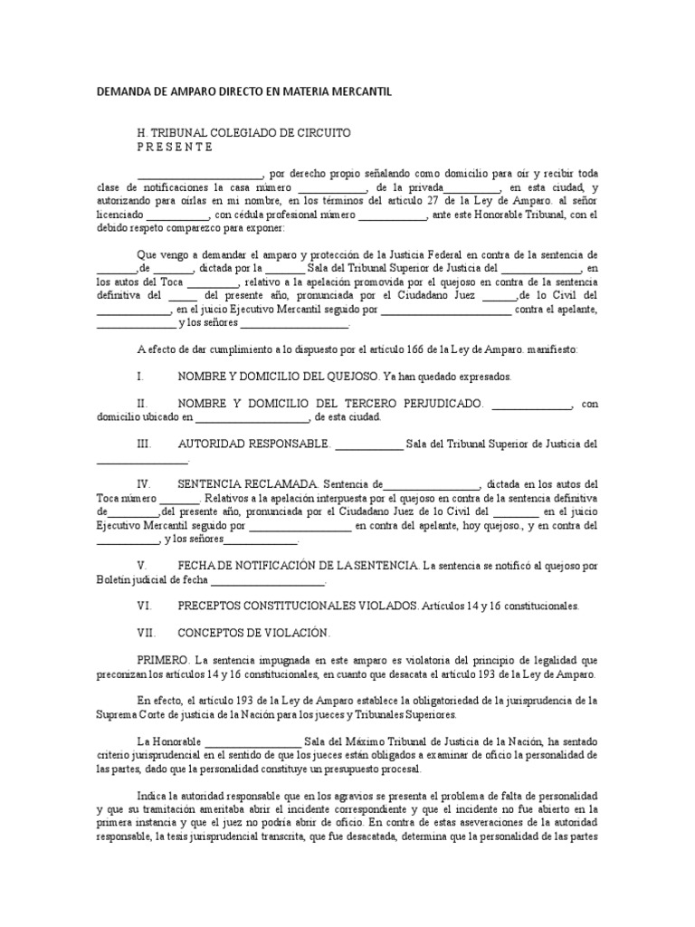 Demanda de Amparo Directo Mercantil | PDF | Caso de ley | Ley ...