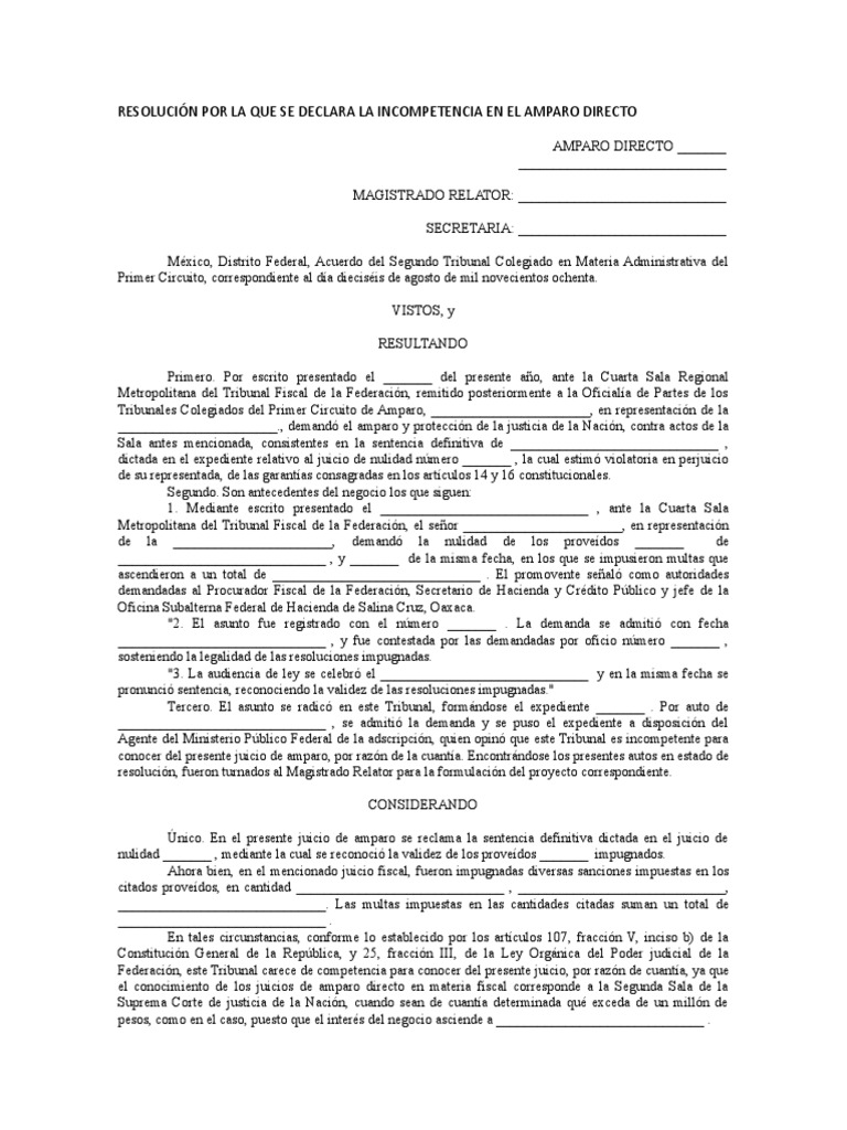 RESOLUCIÔÇíN POR LA QUE SE DECLARA LA INCOMPETENCIA EN EL AMPARO ...