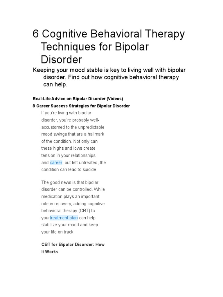 CBT Techniques for Managing Bipolar Disorder | PDF | Cognitive Behavioral Therapy | Bipolar Disorder
