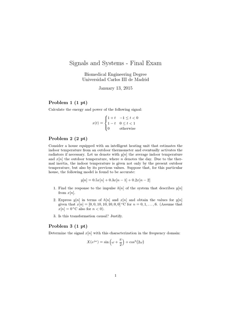 Signals and Systems Final Exam Problems | PDF | Low Pass Filter ...