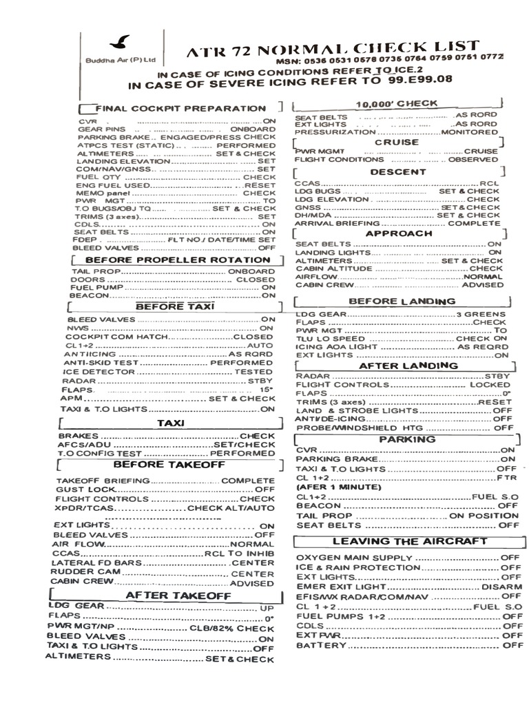 ANA ボーイング727 コクピットノーマルチェックリスト(改訂No.72) ATR 72 Normal Checklist | PDF | Aerospace | Vehicles