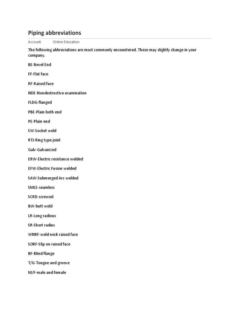 Common Piping Abbreviations Guide | PDF