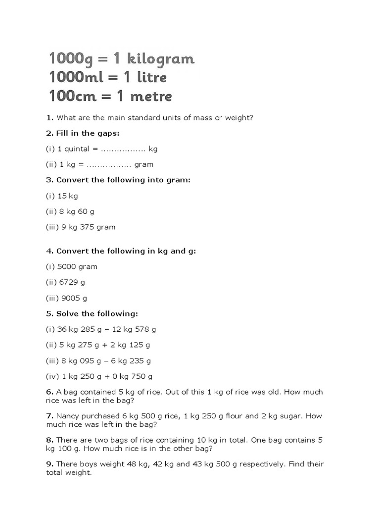 Mass Conversion Worksheet for Kids | PDF