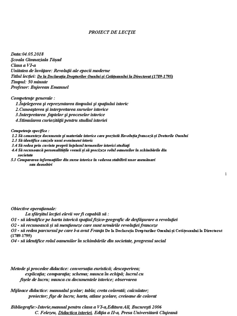 Plan Proiect De Lectie Revol Franceza De La Declaratia Drepturilor La Directorat