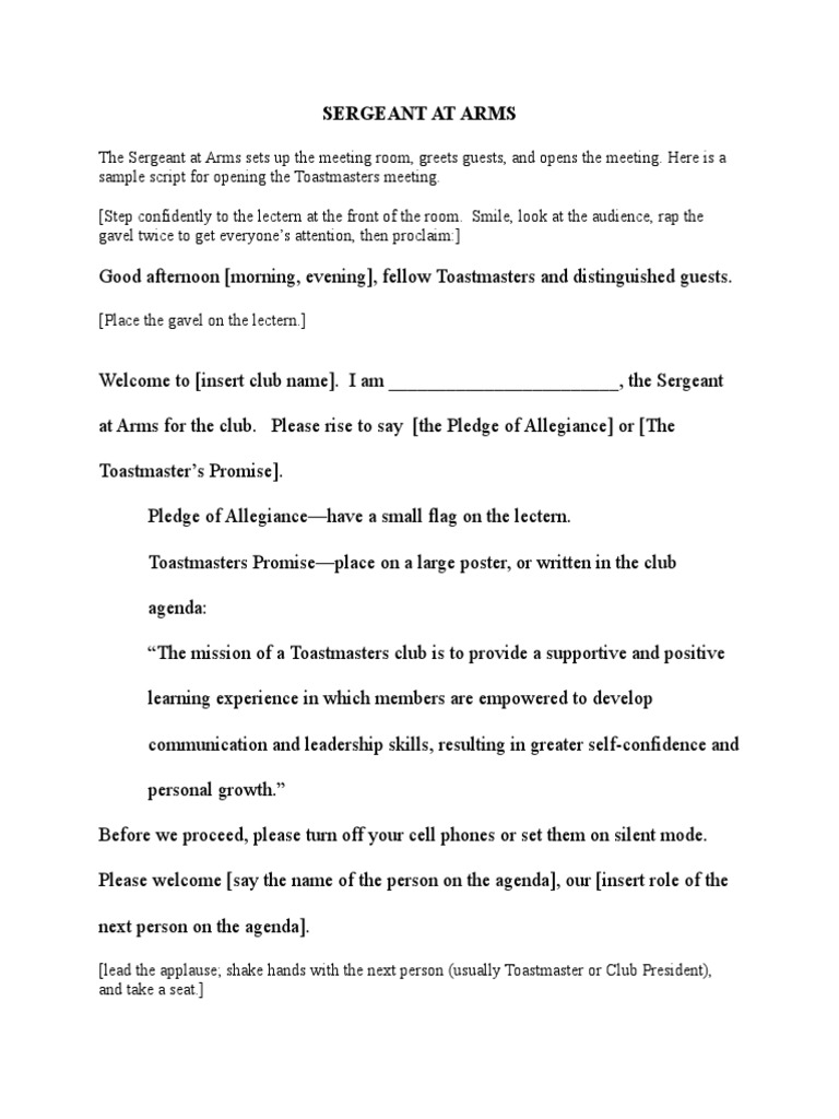 Toastmasters Sergeant at Arms Script | PDF