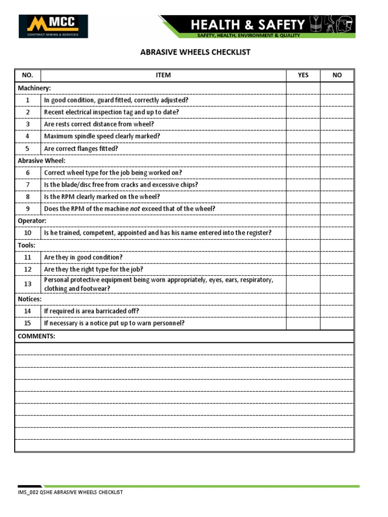 Abrasive Wheels Safety Inspection Checklist | PDF