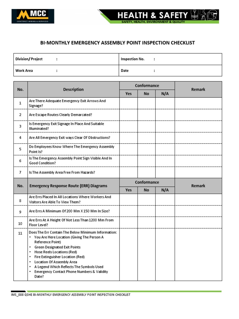 Ims - 008 Qshe - Bi-Monthly Emergency Assembly Point Inspection ...