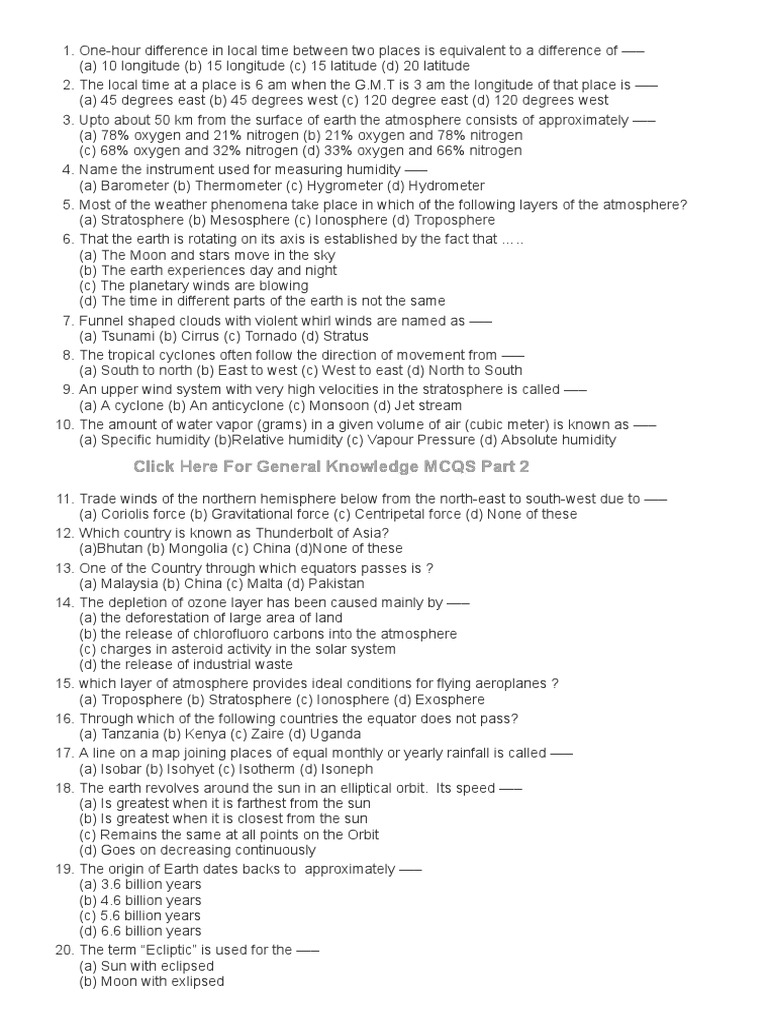 NTS-Atmoshere and Weather GK Mcqs | PDF | Earth | Atmosphere Of Earth