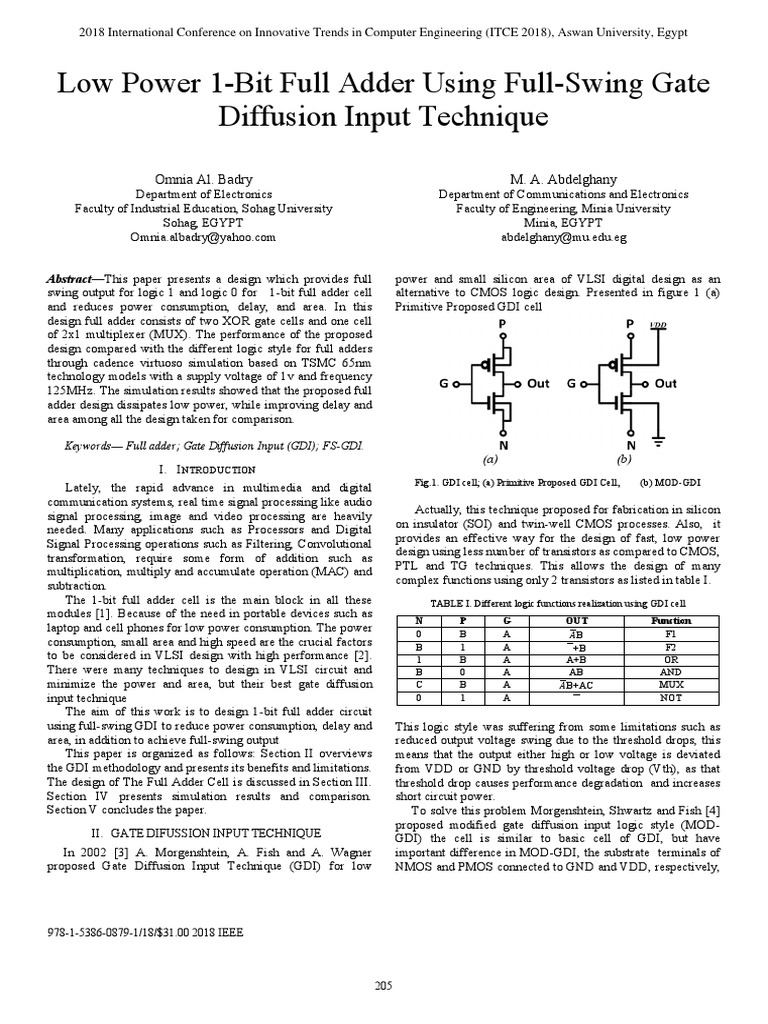 1 Bit Adder Using Gdi Technique | PDF | Logic Gate | Cmos