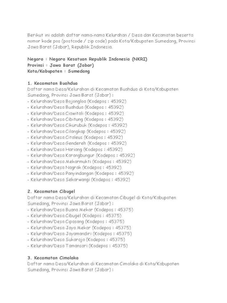 Daftar Desa dan Kode Pos Sumedang | PDF