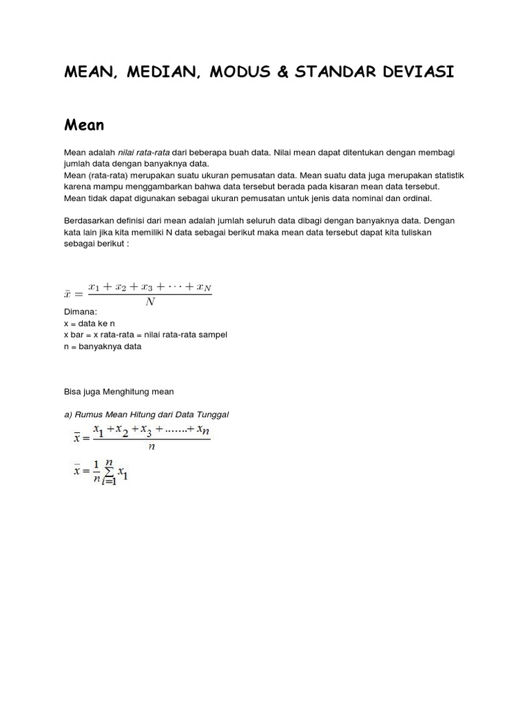 Mean Median Modus STD Dev PDF
