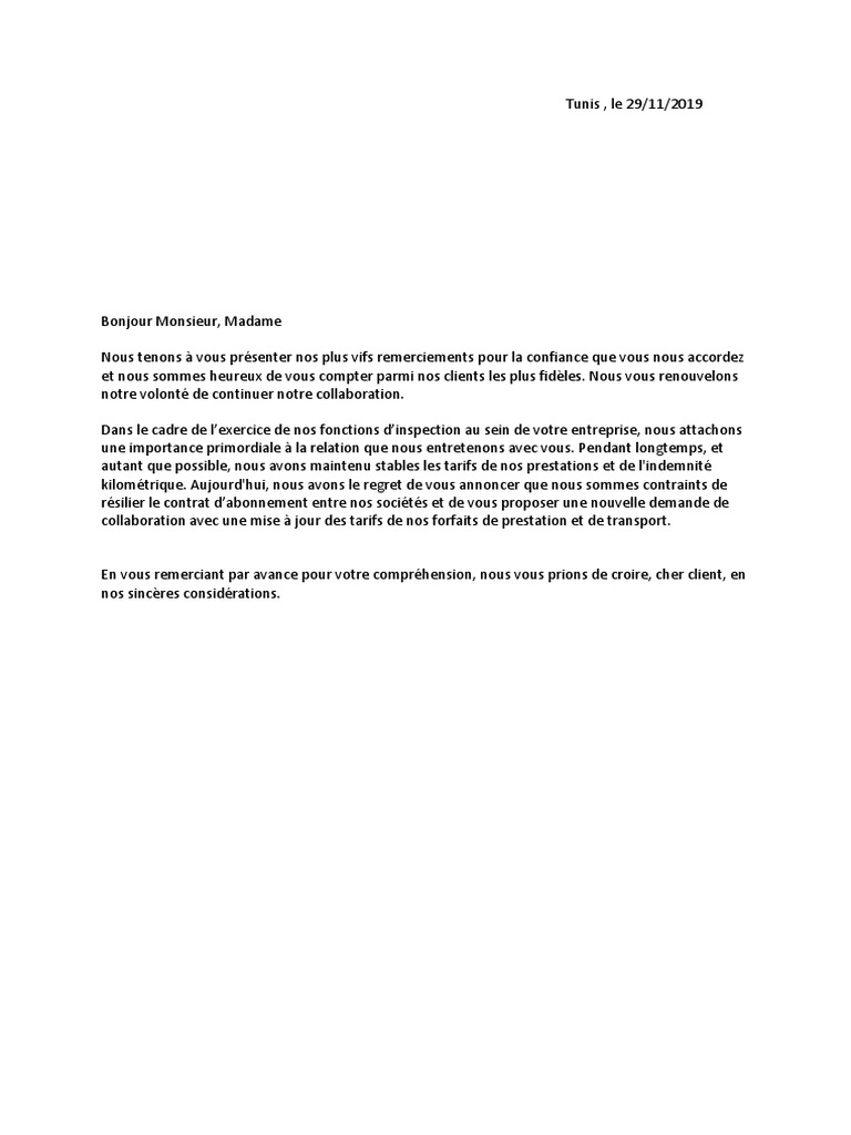 Lettre Informative D'augmentation Des Prix PDF