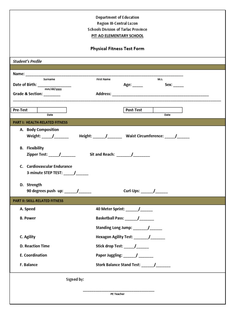 Physical Fitness Test Form for Students | PDF